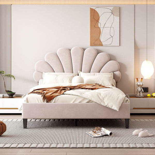 Upholstered Platform Bed With Flower Pattern Headboard Upholstered Platform Bed With Flower Pattern Headboard