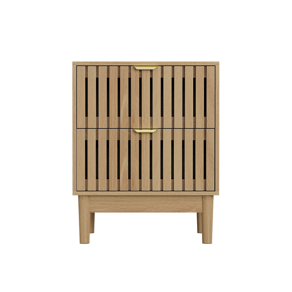 Bedside Table With Grille Design And 2 Drawers, Side Table For Bedroom - Oak Bedside Table With Grille Design And 2 Drawers, Side Table For Bedroom - Oak