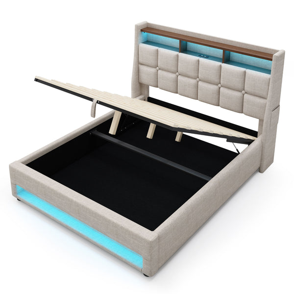 Platform Bed With Hydraulic Storage, LED Lighting & Charging Station Platform Bed With Hydraulic Storage, LED Lighting & Charging Station