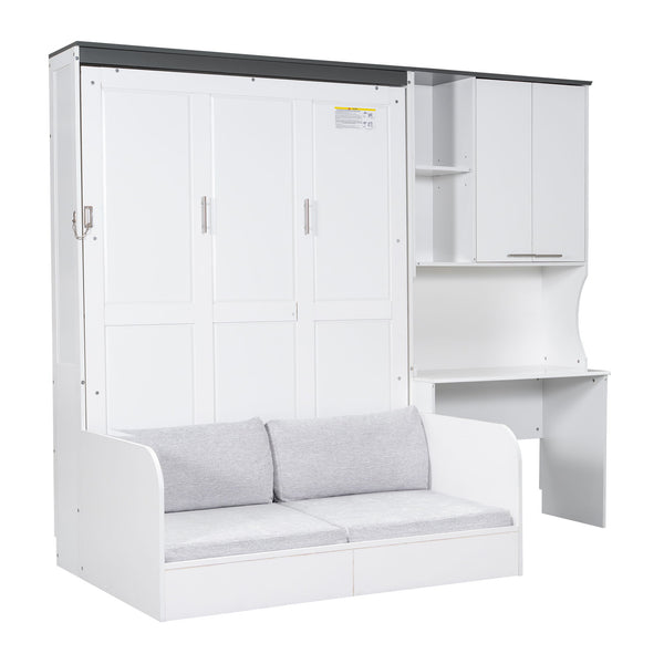 Multi Functional Murphy Bed With Sofa, Desk, And Storage Cabinet In, Full Size - White Multi Functional Murphy Bed With Sofa, Desk, And Storage Cabinet In, Full Size - White