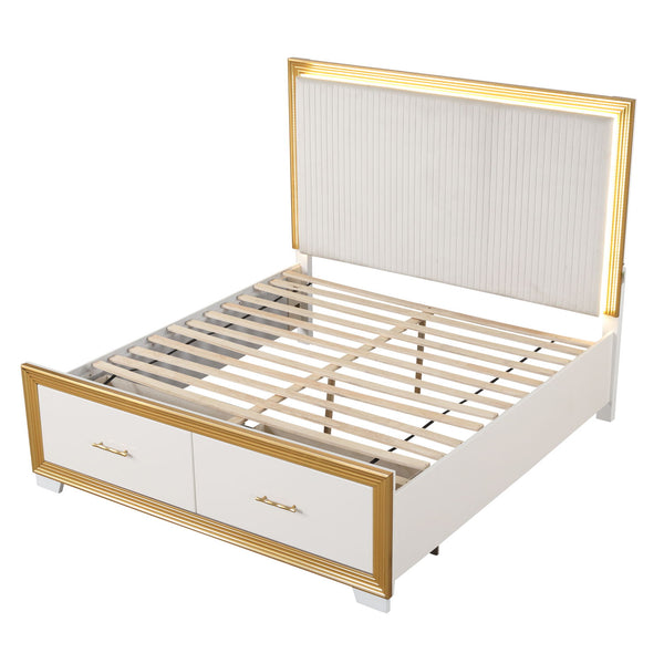 Obsession - Queen Size Bed With LED Headboard And Footboard Storage Drawer - White Obsession - Queen Size Bed With LED Headboard And Footboard Storage Drawer - White