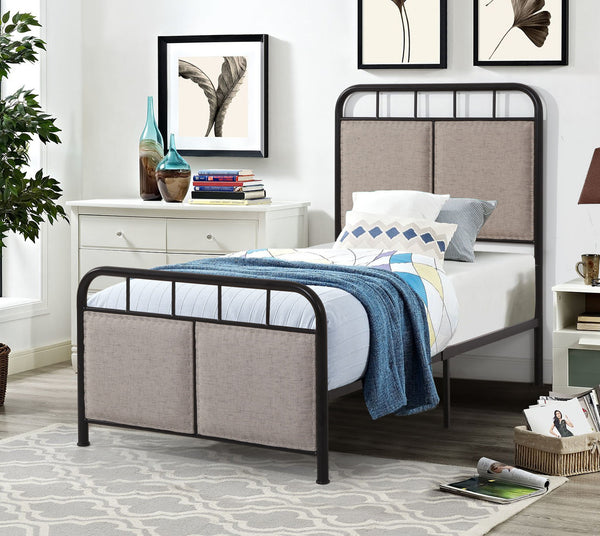 Twin Size Linen Upholstered Platform Metal Bed Frame With Fabric Headboard And Footboard - Brown Twin Size Linen Upholstered Platform Metal Bed Frame With Fabric Headboard And Footboard - Brown