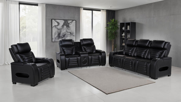 Zuma 3-piece Faux Leather Dual Power LED Sofa Set Black Zuma 3-piece Faux Leather Dual Power LED Sofa Set Black