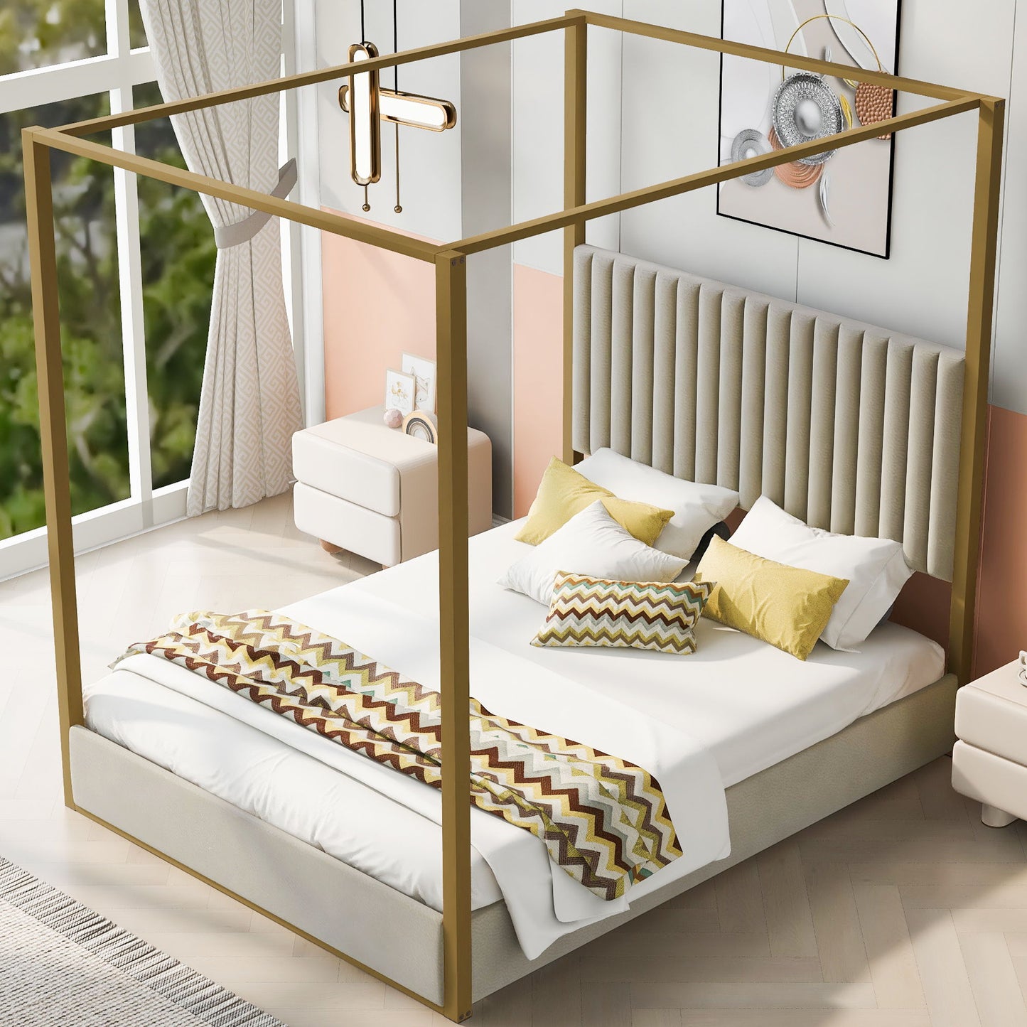 Upholstered Canopy Platform Bed With Frame, Queen Size - Beige - The Sleep Loft - Online Mattress Showroom NYC