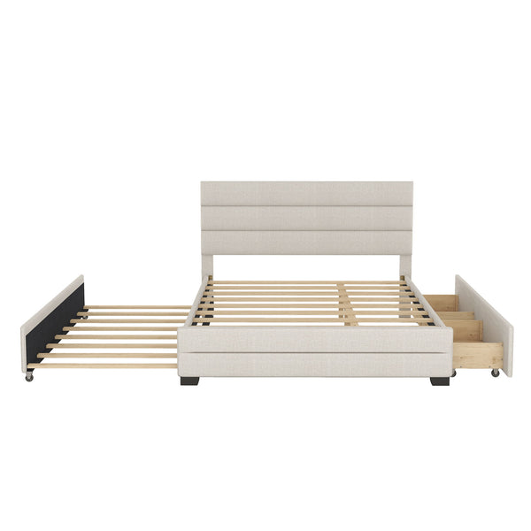 Queen Platform Bed With Twin Trundle And 2 Storage Drawers - Beige Queen Platform Bed With Twin Trundle And 2 Storage Drawers - Beige