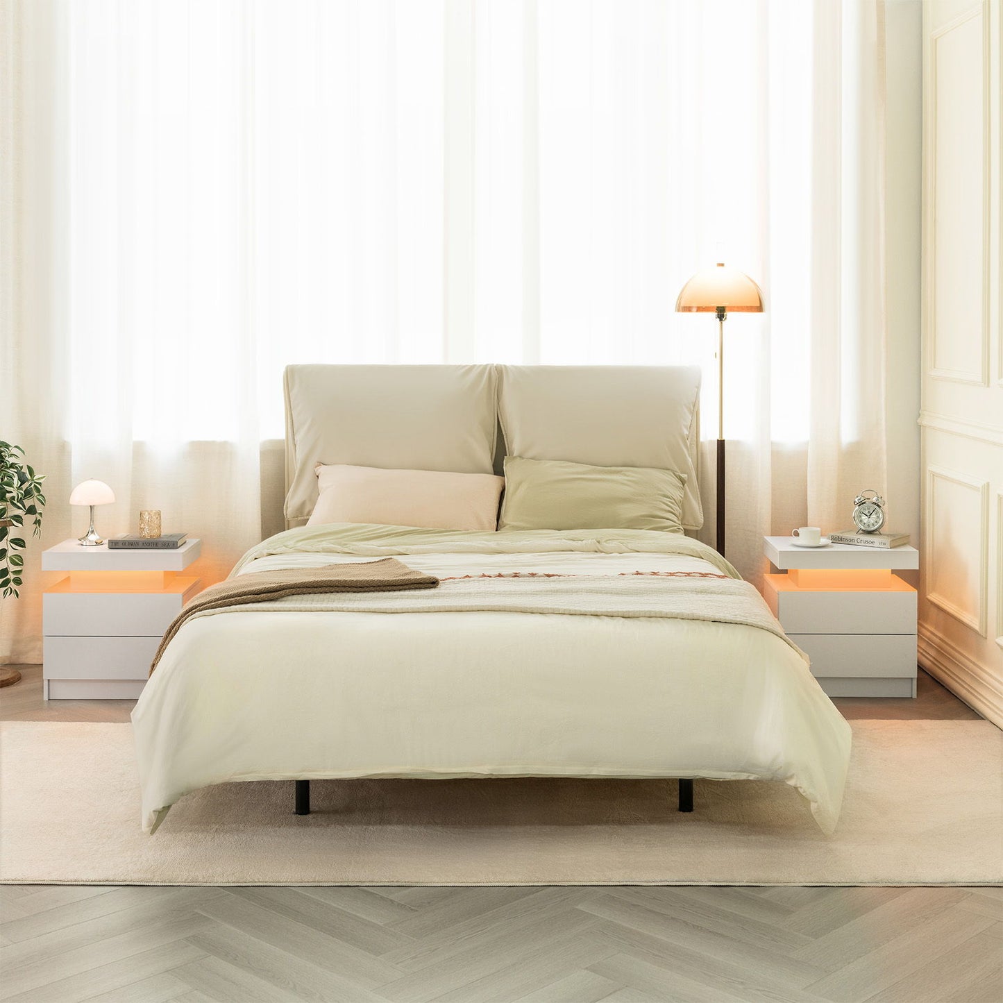 Modern LED Bedside Table Cabinet With Adjustable Lights And 2 Drawers - White - The Sleep Loft - Online Mattress Showroom NYC