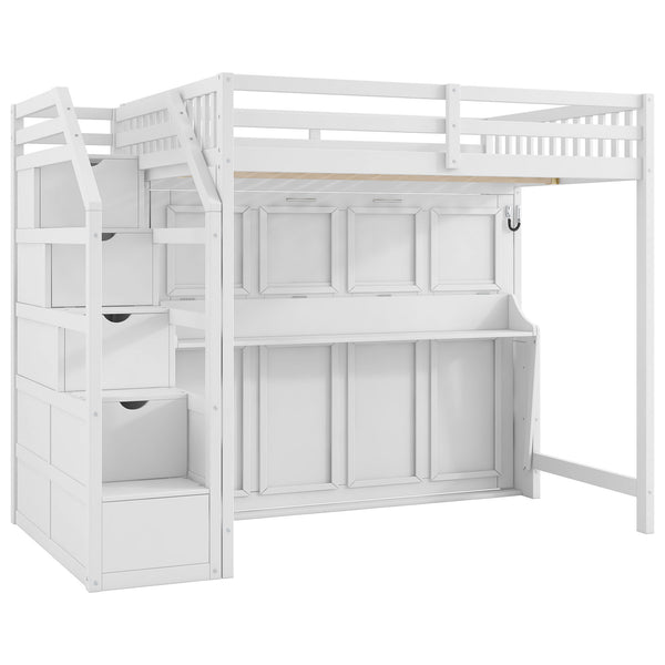 Full Long Loft Bed With Storage Staircase, Murphy Bed, LED Light - White Full Long Loft Bed With Storage Staircase, Murphy Bed, LED Light - White