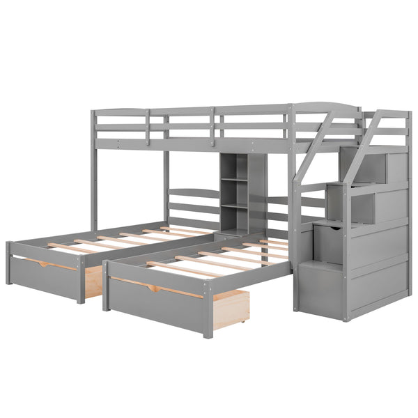 Twin Over Twin & Twin Bunk Bed With Drawers, Staircase Storage, Built In Shelves - Gray Twin Over Twin & Twin Bunk Bed With Drawers, Staircase Storage, Built In Shelves - Gray