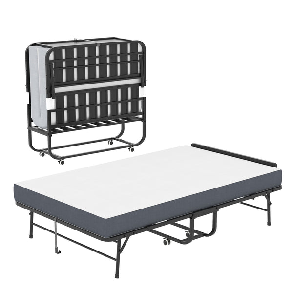Twin Wide Folding Bed With Adjustable Headboard, Extra Long Rollaway For Tall People, Memory Foam Mattress - Black Twin Wide Folding Bed With Adjustable Headboard, Extra Long Rollaway For Tall People, Memory Foam Mattress - Black