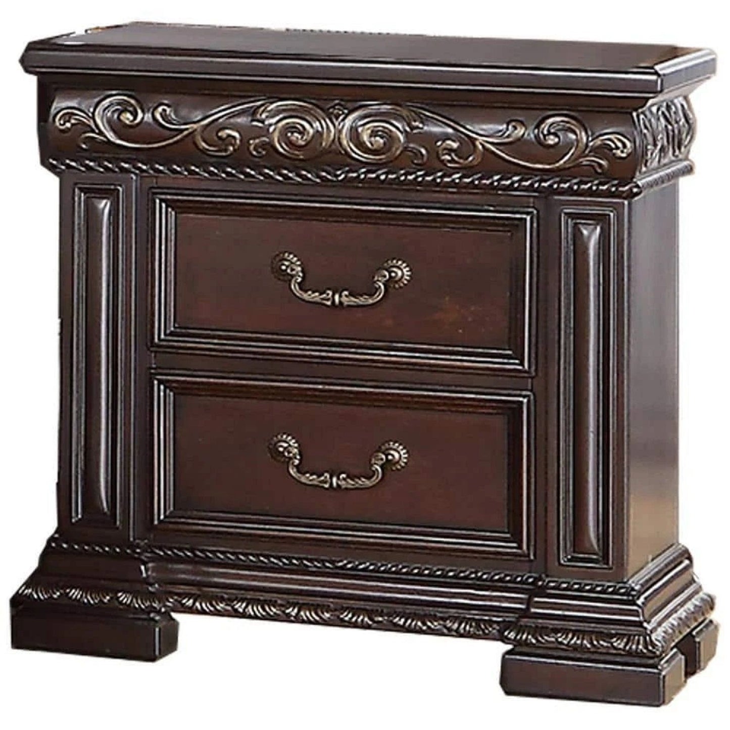 2 Drawer Nightstand, Carvings Bedside Table, Bedroom Furniture - Cherry - The Sleep Loft - Online Mattress Showroom NYC