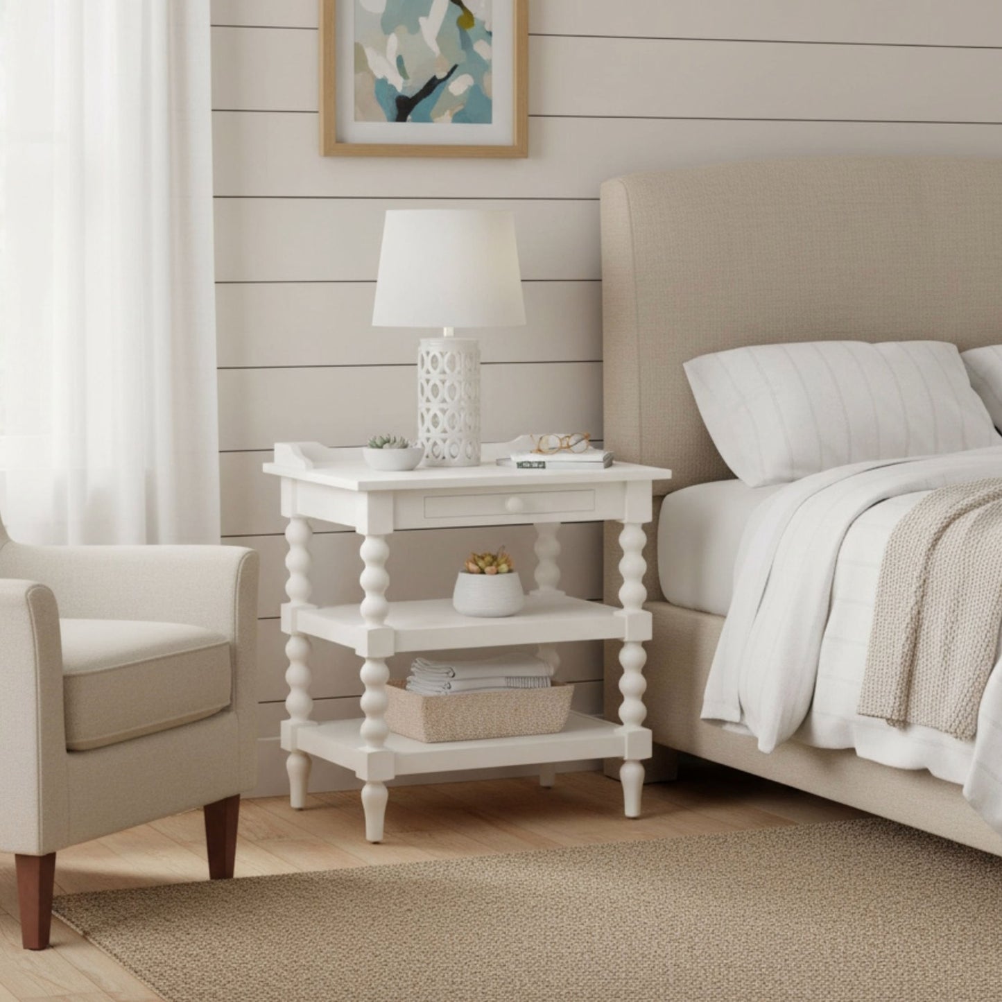 Aria - Nightstand With Styling, 2 Shelves, Pull Out Tray, Spool Turned Legs - Antique White - The Sleep Loft - Online Mattress Showroom NYC