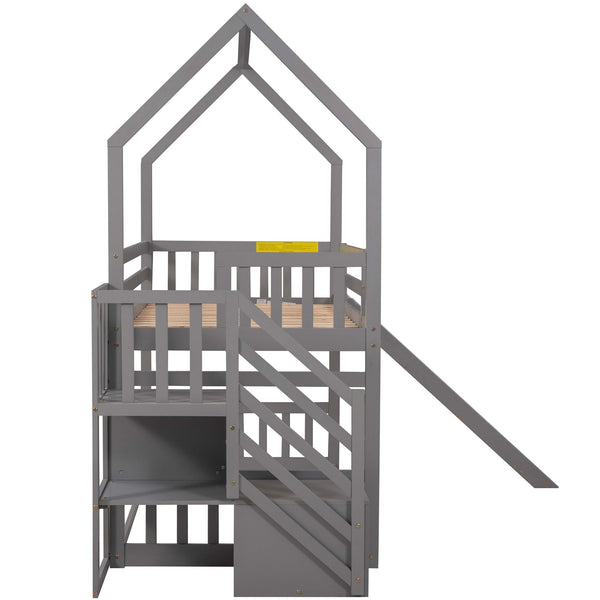 Twin Over Twin House Bunk Bed With Convertible Slide, Storage Staircase Twin Over Twin House Bunk Bed With Convertible Slide, Storage Staircase