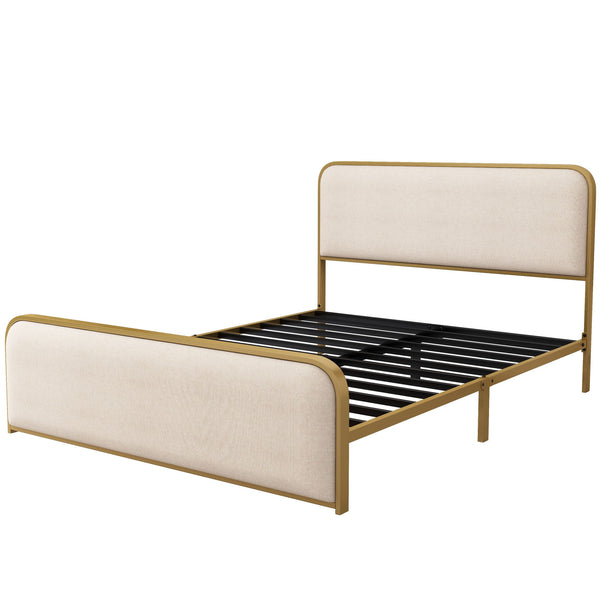 Queen Size Bed Frame With Curved Upholstered Headboard And Footboard - Beige / Gold Queen Size Bed Frame With Curved Upholstered Headboard And Footboard - Beige / Gold