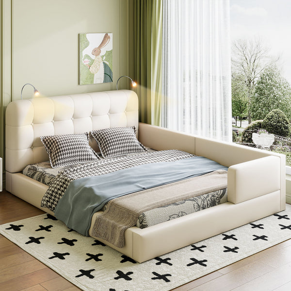 Queen Size Upholstered Platform Bed With 2 Reading Lights - White Queen Size Upholstered Platform Bed With 2 Reading Lights - White