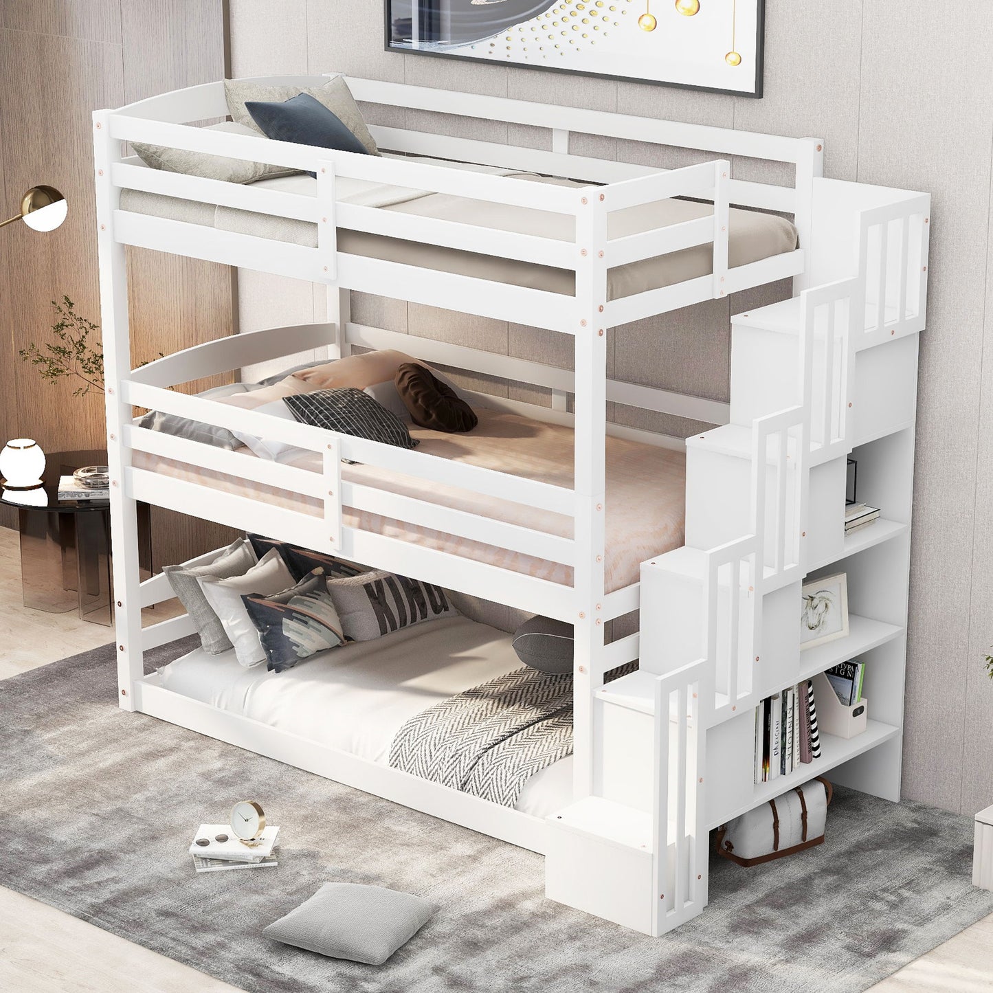 Twin Size Triple Bunk Bed With Storage Staircase, Separate Design - White - The Sleep Loft - Online Mattress Showroom NYC