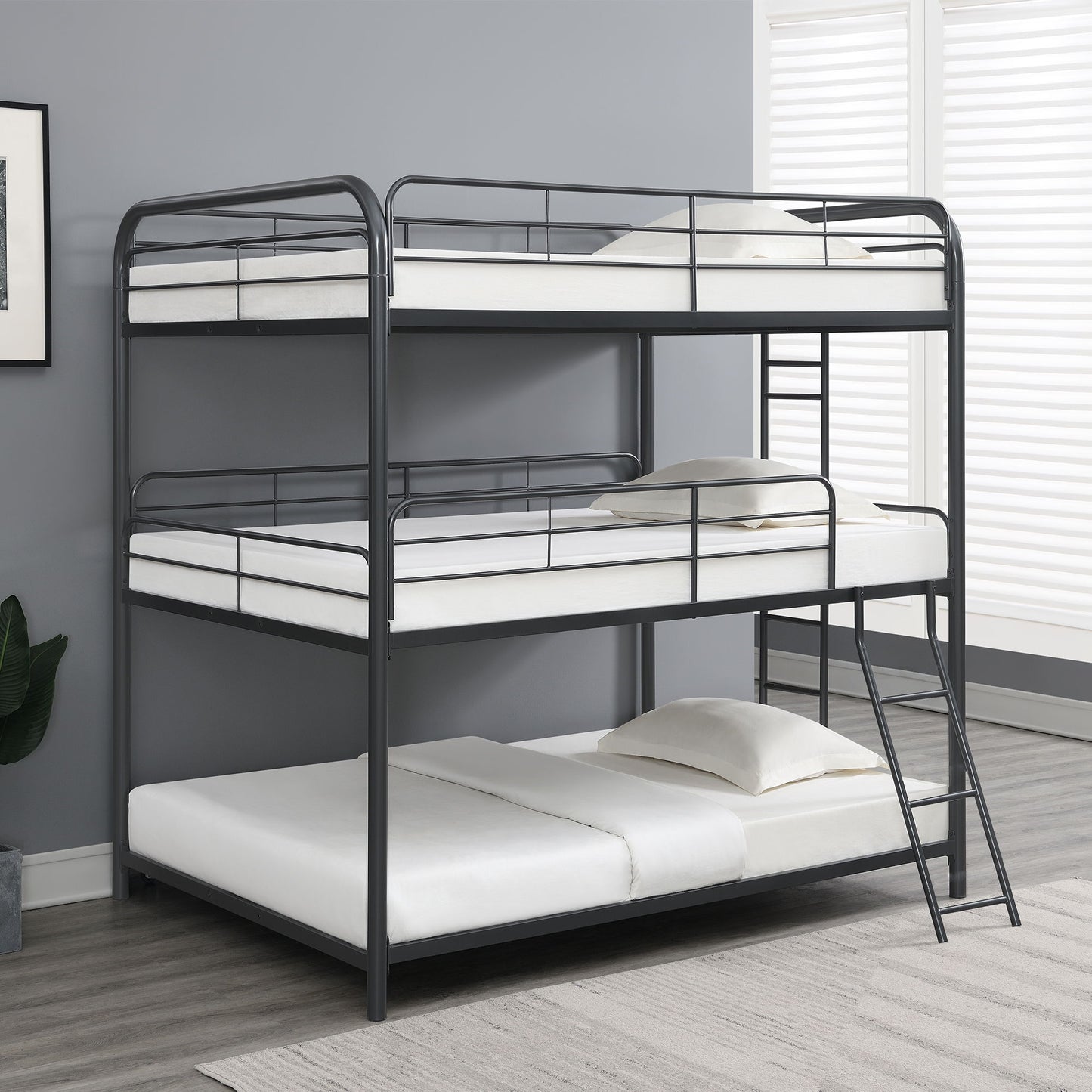 Triple Bunk Bed, Full Size With Sturdy Metal Frame And Safe Stairs - Black - The Sleep Loft - Online Mattress Showroom NYC