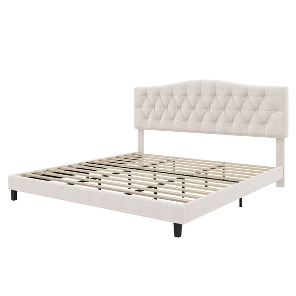 King Upholstered Platform Bed With Curved Adjustable Headboard And Diamond Tufted Details, No Box Spring Needed - Beige King Upholstered Platform Bed With Curved Adjustable Headboard And Diamond Tufted Details, No Box Spring Needed - Beige