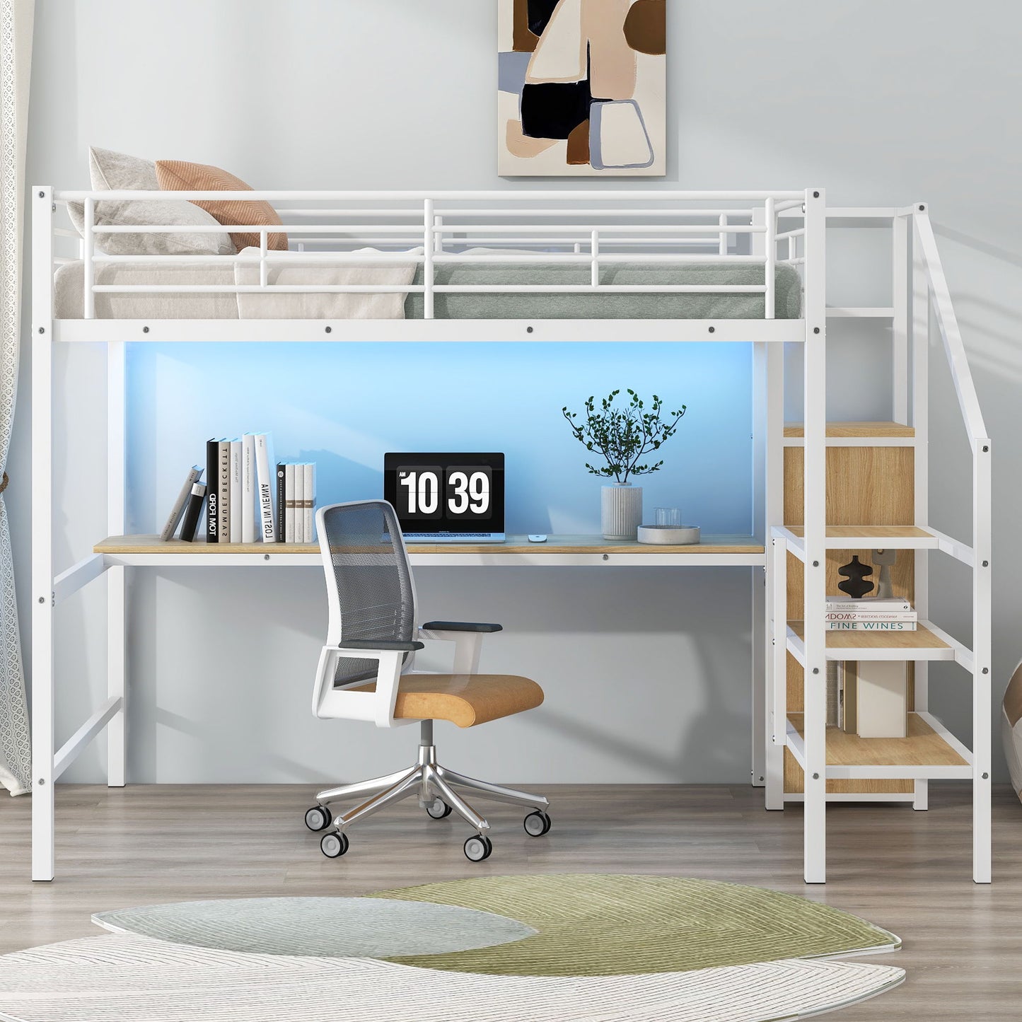 Loft Bed With Desk, Storage Staircase, Small Wardrobe And LED Light - The Sleep Loft - Online Mattress Showroom NYC