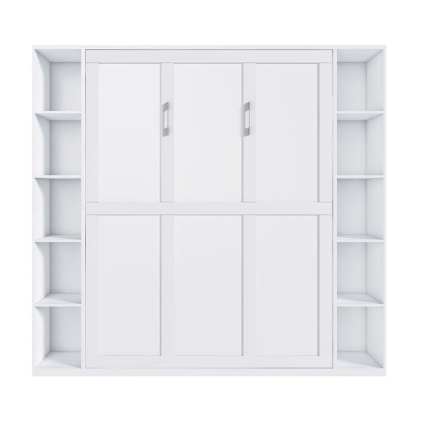 Queen Murphy Bed With Storage Cabinet, Foldable Wall Bed For Bedrooms - White Queen Murphy Bed With Storage Cabinet, Foldable Wall Bed For Bedrooms - White