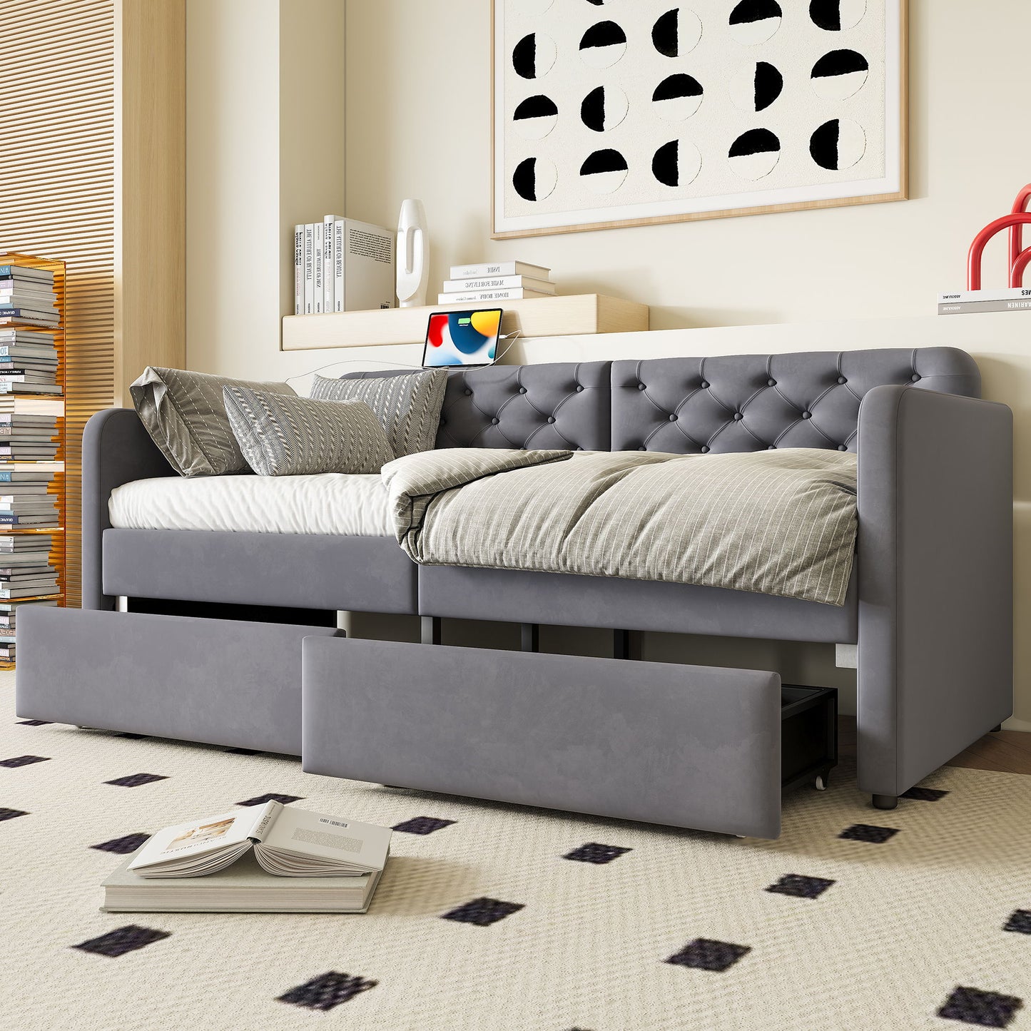 Twin Size Upholstered Daybed With 2 Storage Drawers And USB Charging Design - Gray - The Sleep Loft - Online Mattress Showroom NYC