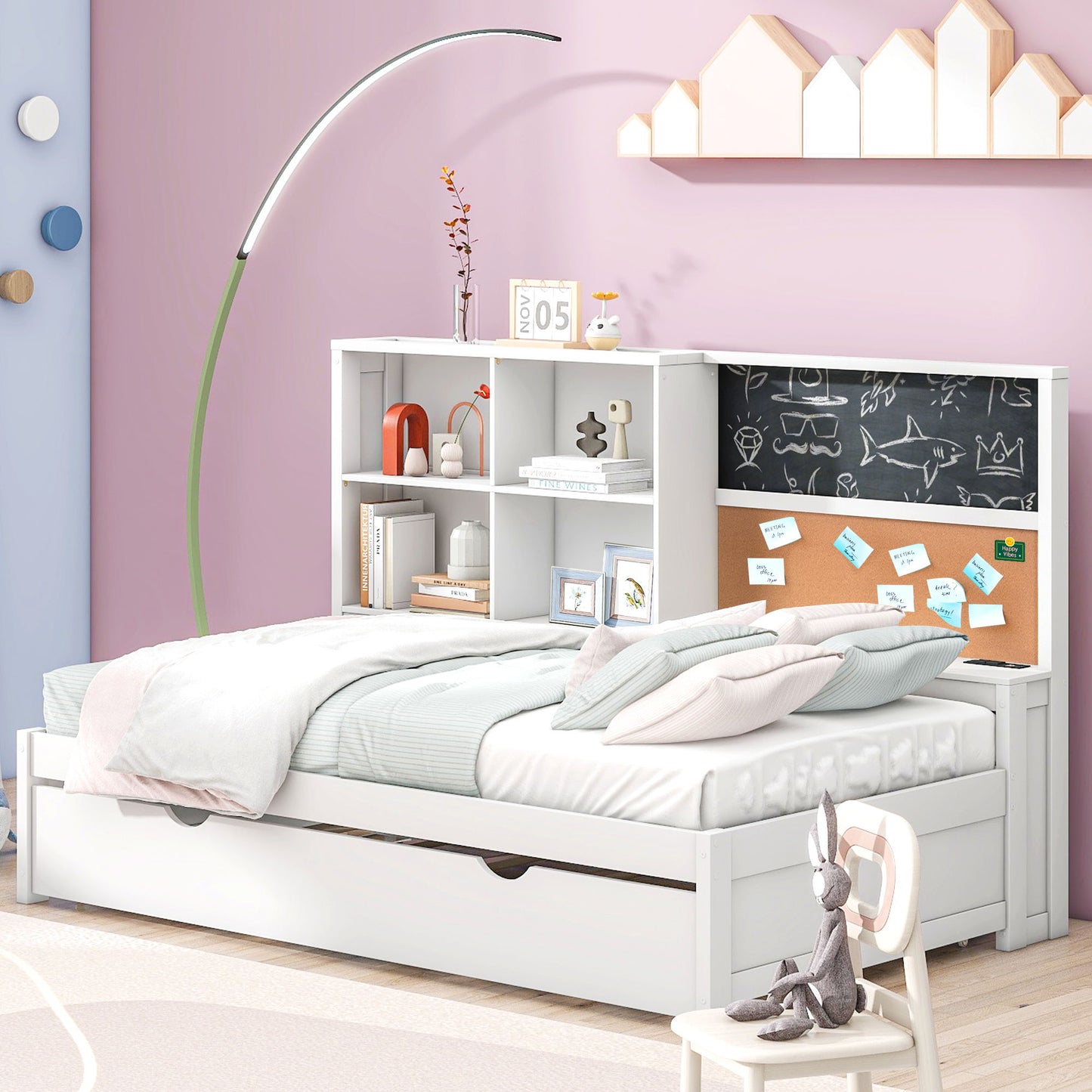 Twin Size Daybed With Storage Shelvesboard, Cork Board, USB Ports And Trundle - White - The Sleep Loft - Online Mattress Showroom NYC