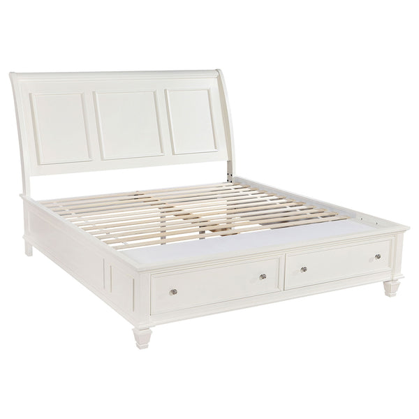 Dennis - Eastern King Storage Panel Bed With Carved Headboard And Built In Drawers - Cream White Dennis - Eastern King Storage Panel Bed With Carved Headboard And Built In Drawers - Cream White