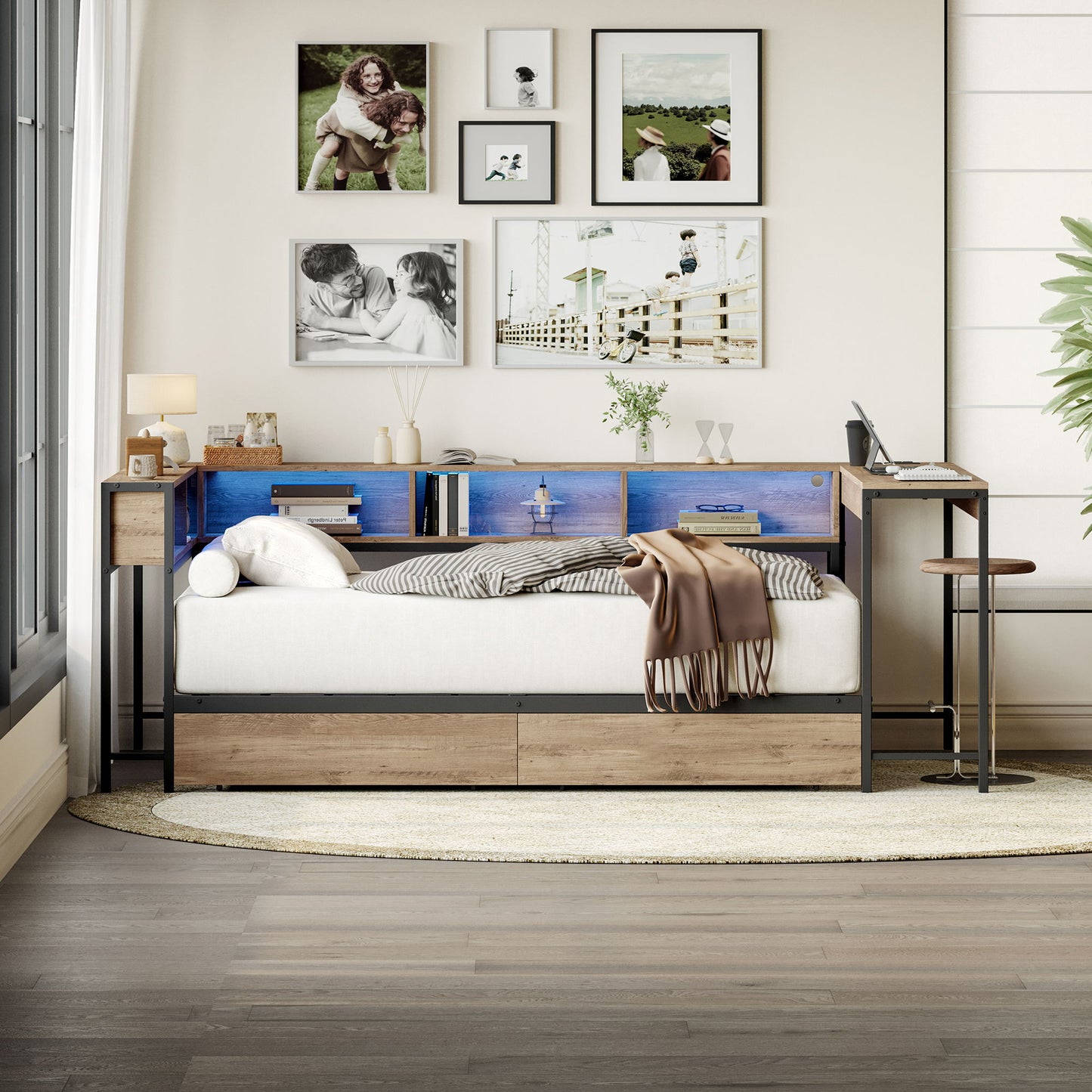 Corner Bed Frame Twin Size With Bookcase And 2 Underbed Storage Drawers, Modern Twin Bed With LED Light And Charging Station, Modern Daybed Reversible Left Or Right - Gray - The Sleep Loft - Online Mattress Showroom NYC