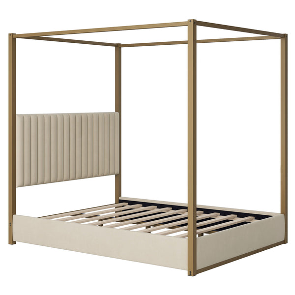 Upholstered Canopy Platform Bed With Frame, Queen Size - Beige Upholstered Canopy Platform Bed With Frame, Queen Size - Beige