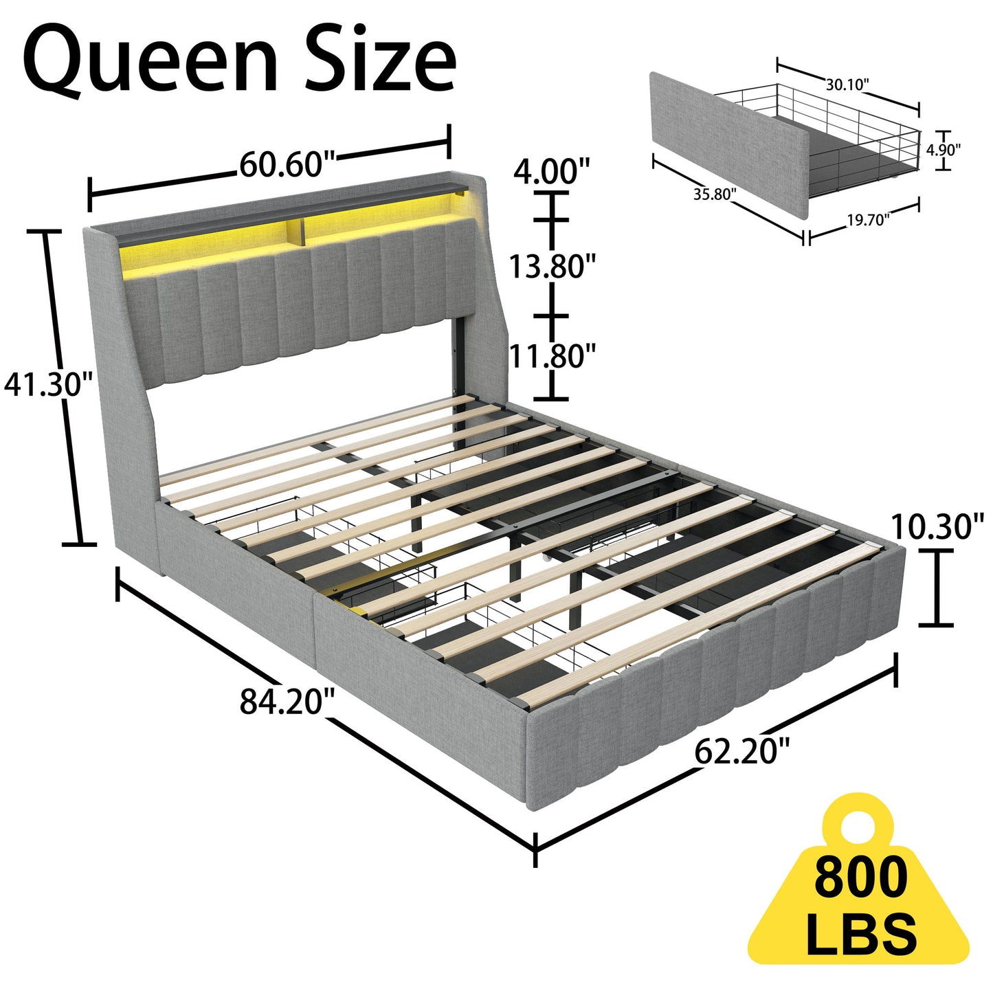 Queen Size Bed Frame With LED Lighting, Winged Headboard With Storage Drawers - Light Gray - The Sleep Loft - Online Mattress Showroom NYC