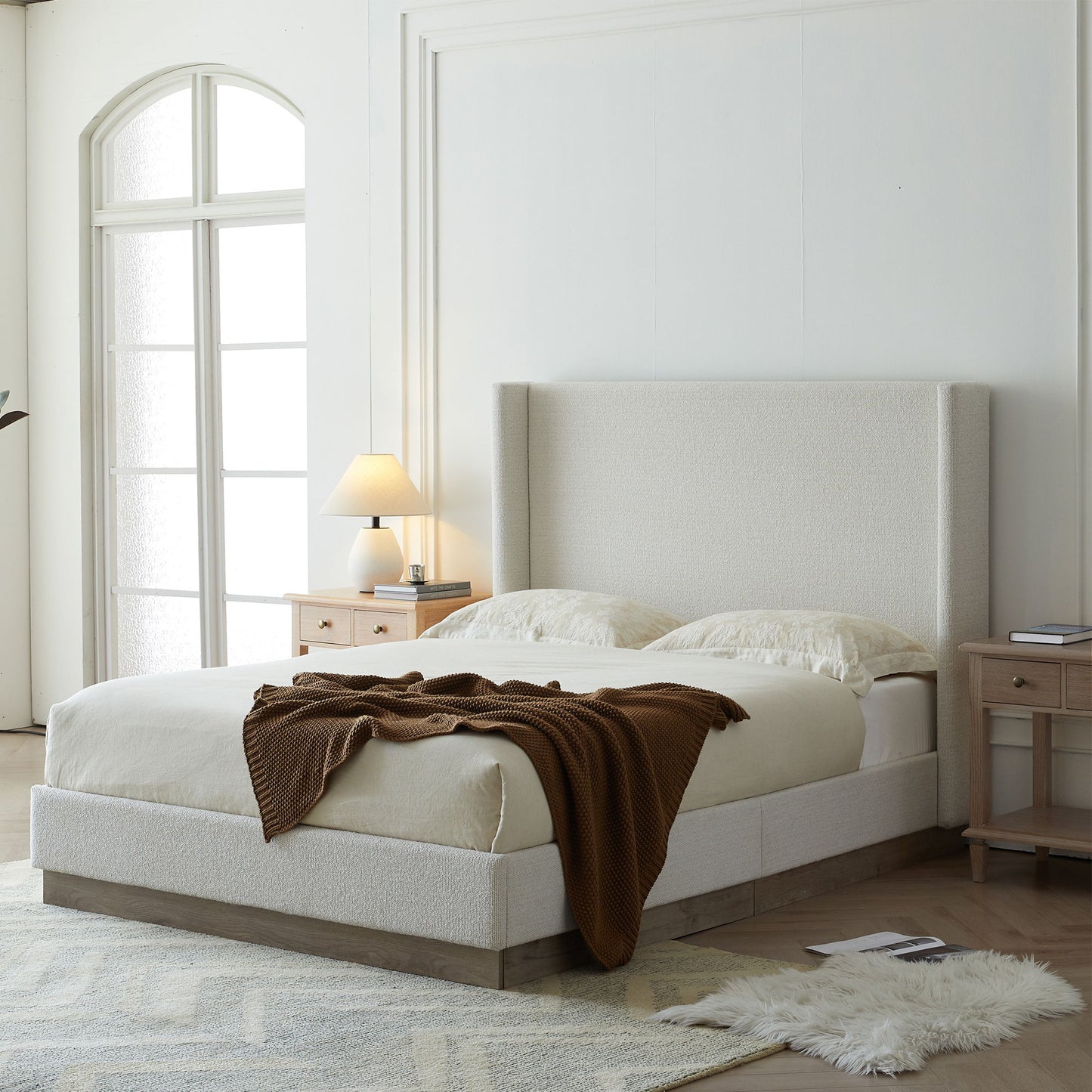 Hosford - Minimalist Upholstered Wingback Bed With Wood Base Platform - The Sleep Loft - Online Mattress Showroom NYC