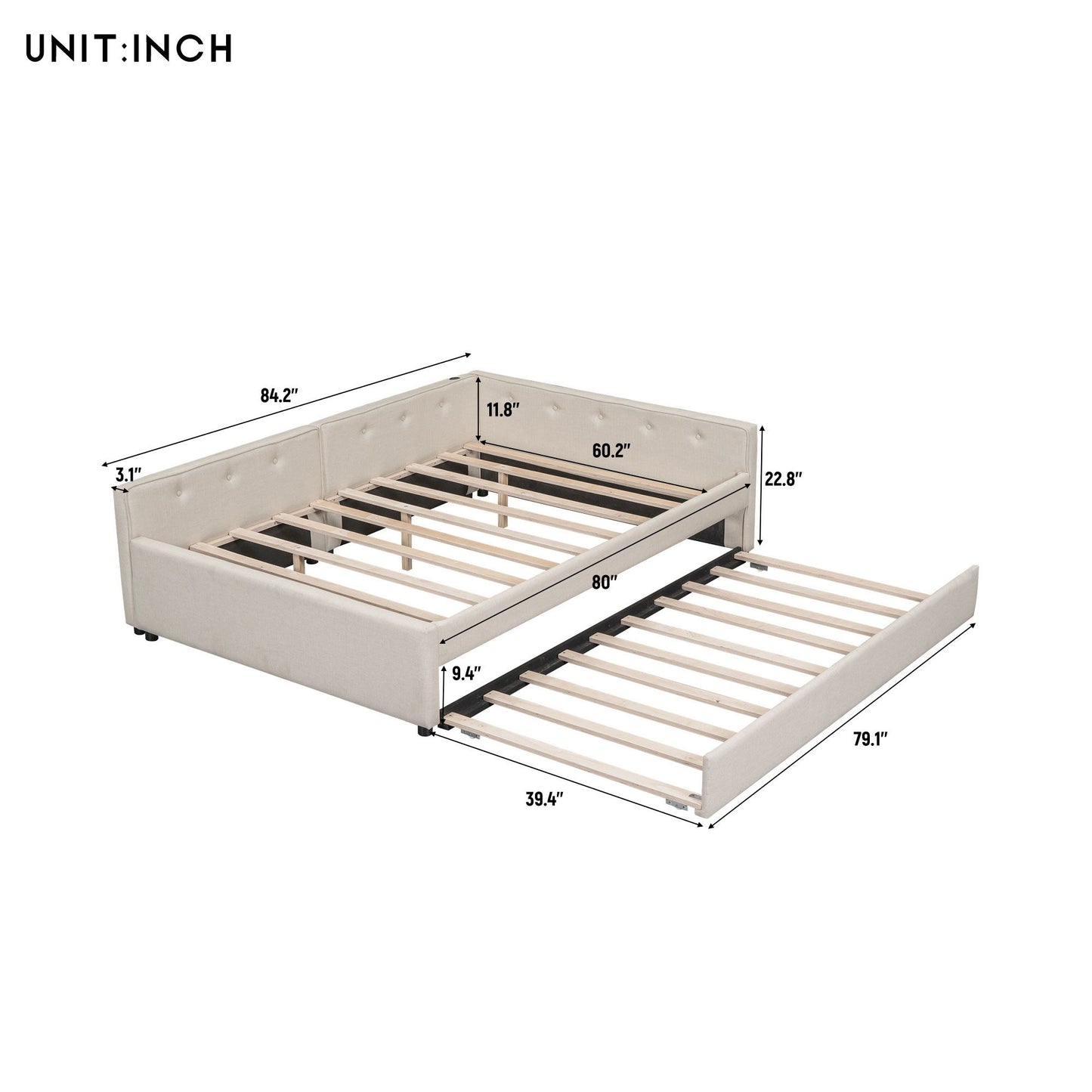 Queen Size Upholstered Platform Bed With USB And Twin Trundle - Beige - The Sleep Loft - Online Mattress Showroom NYC