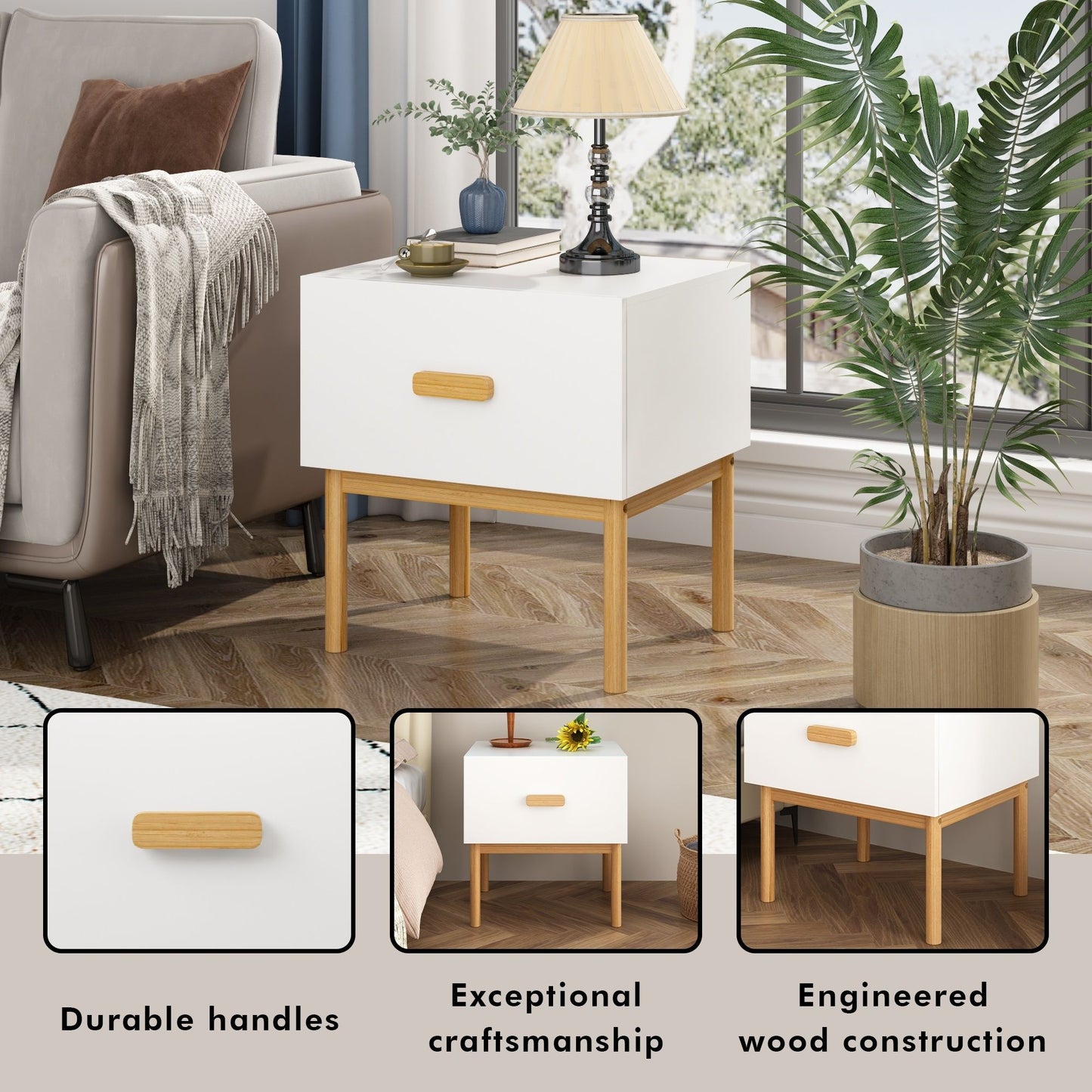 Nightstand With Drawer, Minimalist Bedside Table With Handle For Bedroom - White - The Sleep Loft - Online Mattress Showroom NYC