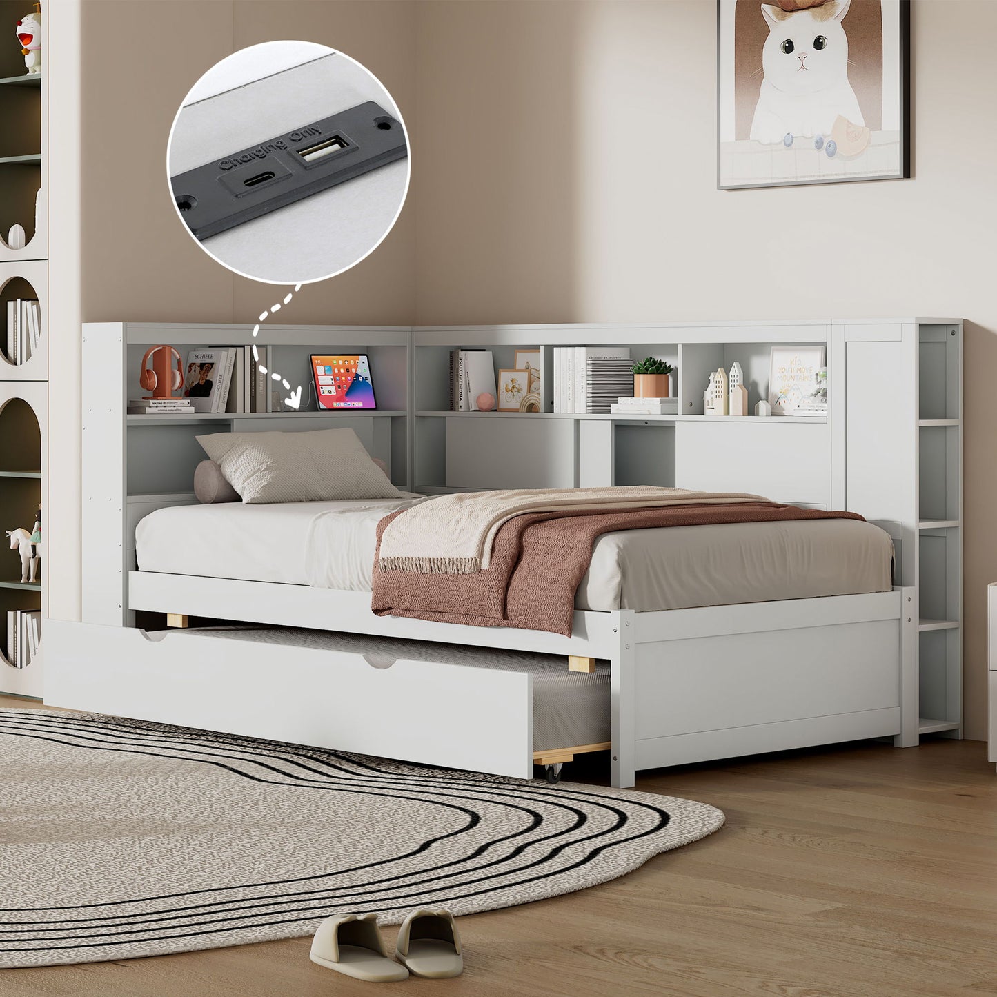 Daybed With Storage Shelves, USB Charging, And Trundle Bed - The Sleep Loft - Online Mattress Showroom NYC