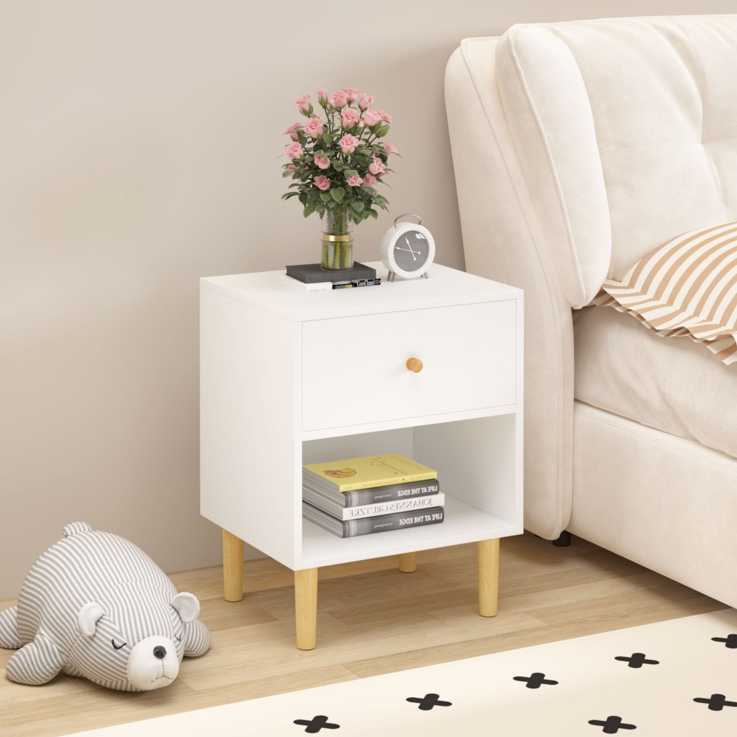 Nightstand With 1 Drawer And 1 Shelf - White - The Sleep Loft - Online Mattress Showroom NYC