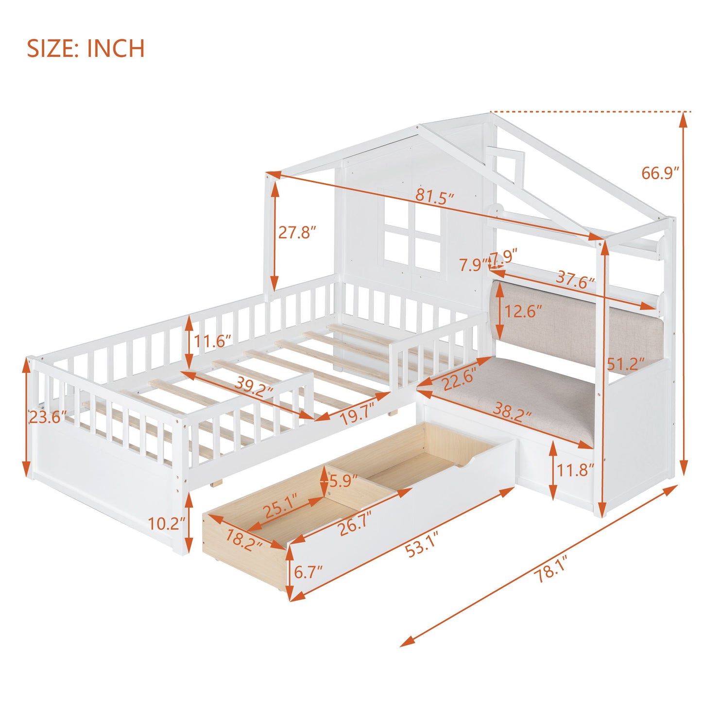 House Bed With Sofa, Kids Platform Bed With 2 Drawers And Storage Shelf - The Sleep Loft - Online Mattress Showroom NYC