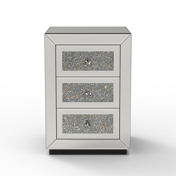 3 Drawer Nightstand With Glass Accents, Bedside Table For Bedroom - Silver 3 Drawer Nightstand With Glass Accents, Bedside Table For Bedroom - Silver