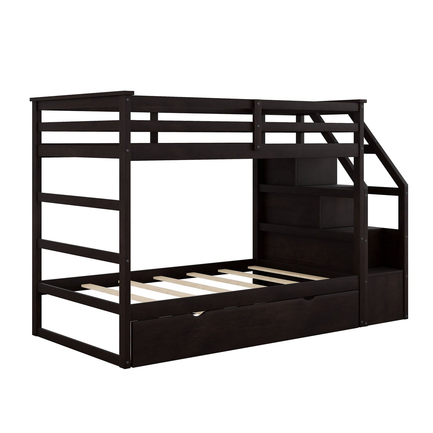 Twin Over Twin Bunk Bed With Twin Size Trundle And 3 Storage Stairs - Espresso - The Sleep Loft - Online Mattress Showroom NYC