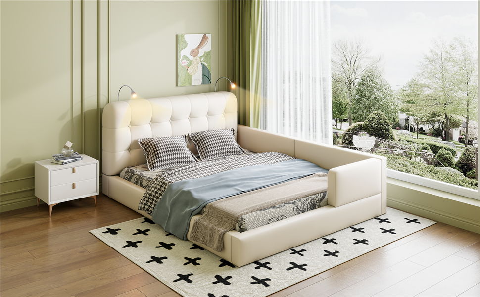 Queen Size Upholstered Platform Bed With 2 Reading Lights - White - The Sleep Loft - Online Mattress Showroom NYC