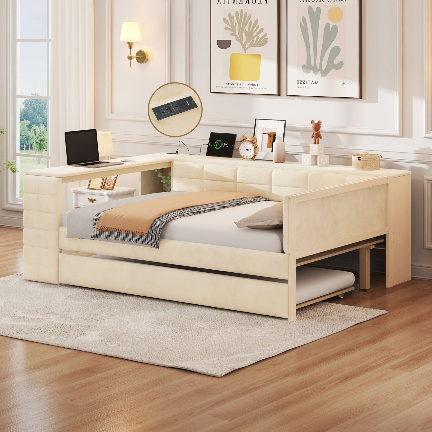 Upholstered Platform Bed With Storage Shelves, Desk, Charging Station And Trundle - The Sleep Loft - Online Mattress Showroom NYC