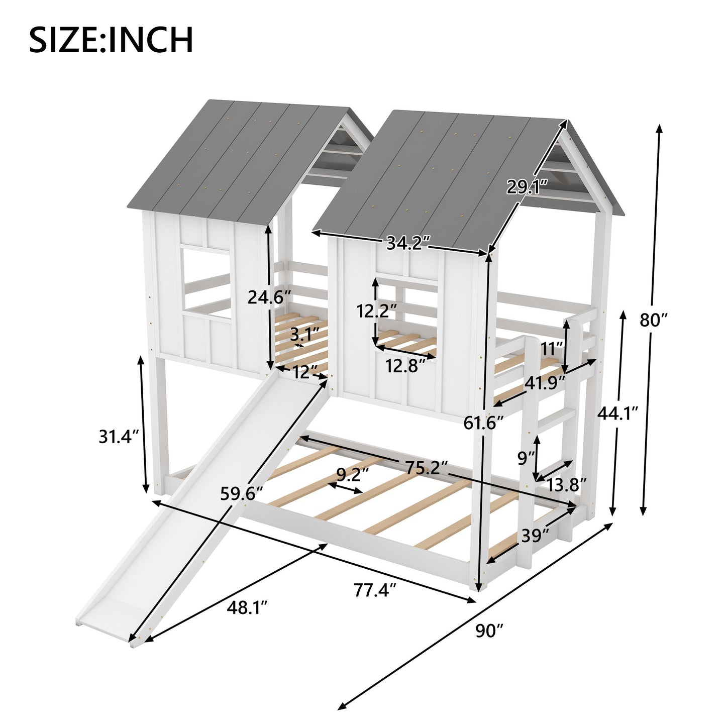 Twin Over Twin House Bunk Bed With Slide And Windows - White / Gray - The Sleep Loft - Online Mattress Showroom NYC