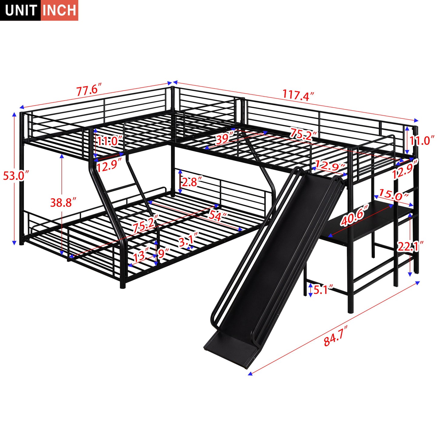 L-Shaped Twin Over Full Bunk Bed With Twin Loft, Built In Desk And Slide - Black - The Sleep Loft - Online Mattress Showroom NYC