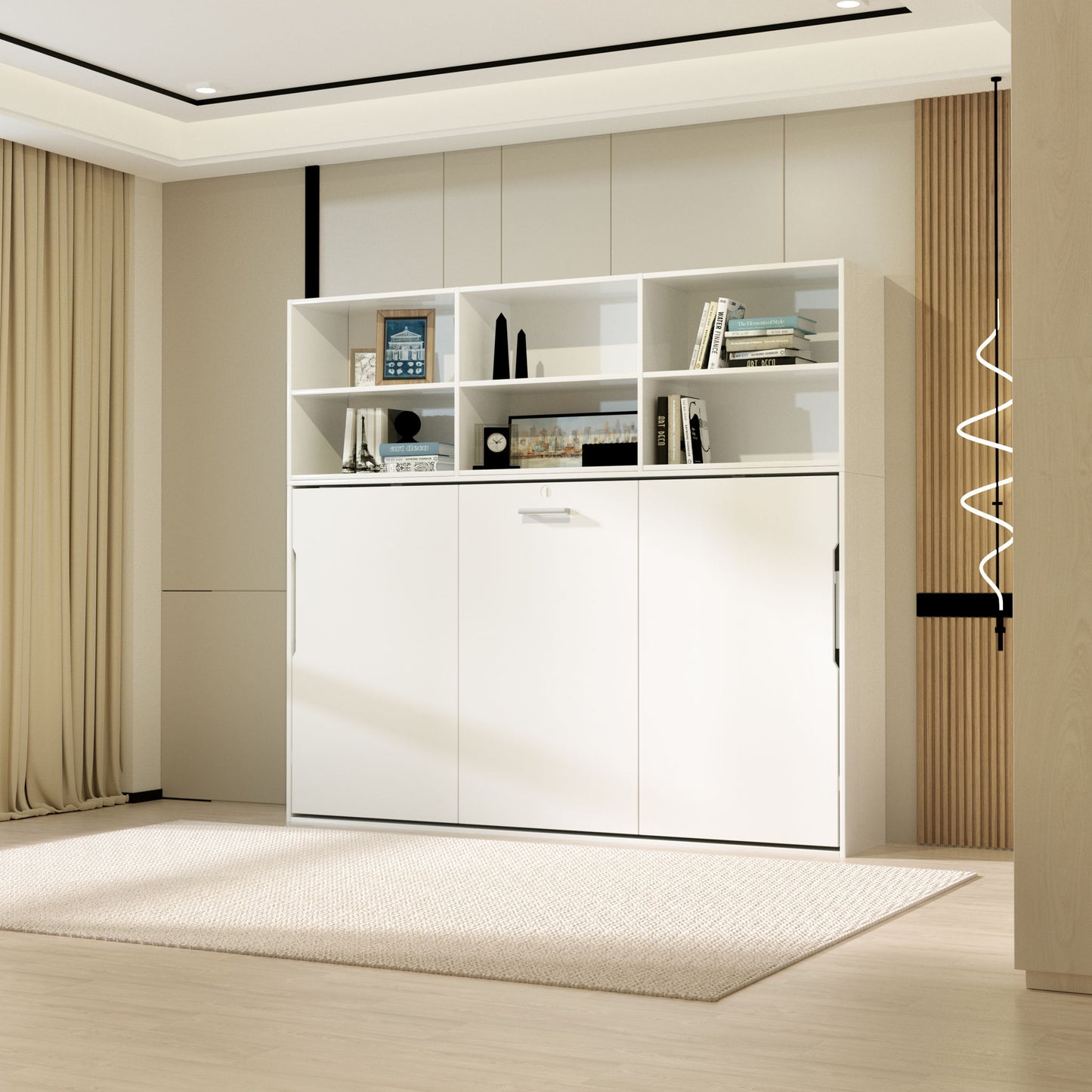 Mordern Design Twin Size Horizontal Murphy Bed With Shelf Storage For Bedroom Or Guestroom Wall Bed Space Saving Hidden Bed With New Style Gas Struts - White - The Sleep Loft - Online Mattress Showroom NYC