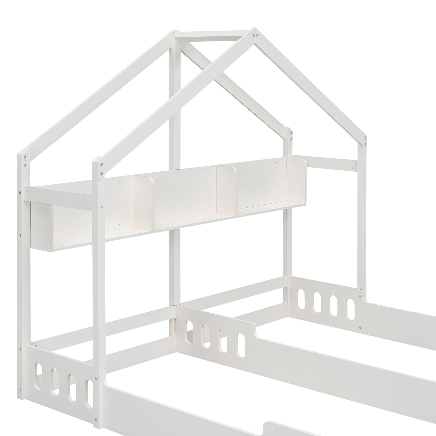 Twin Size Platform Bed With Shared Design, Guardrails, And Built In Shelves - Creamy White - The Sleep Loft - Online Mattress Showroom NYC