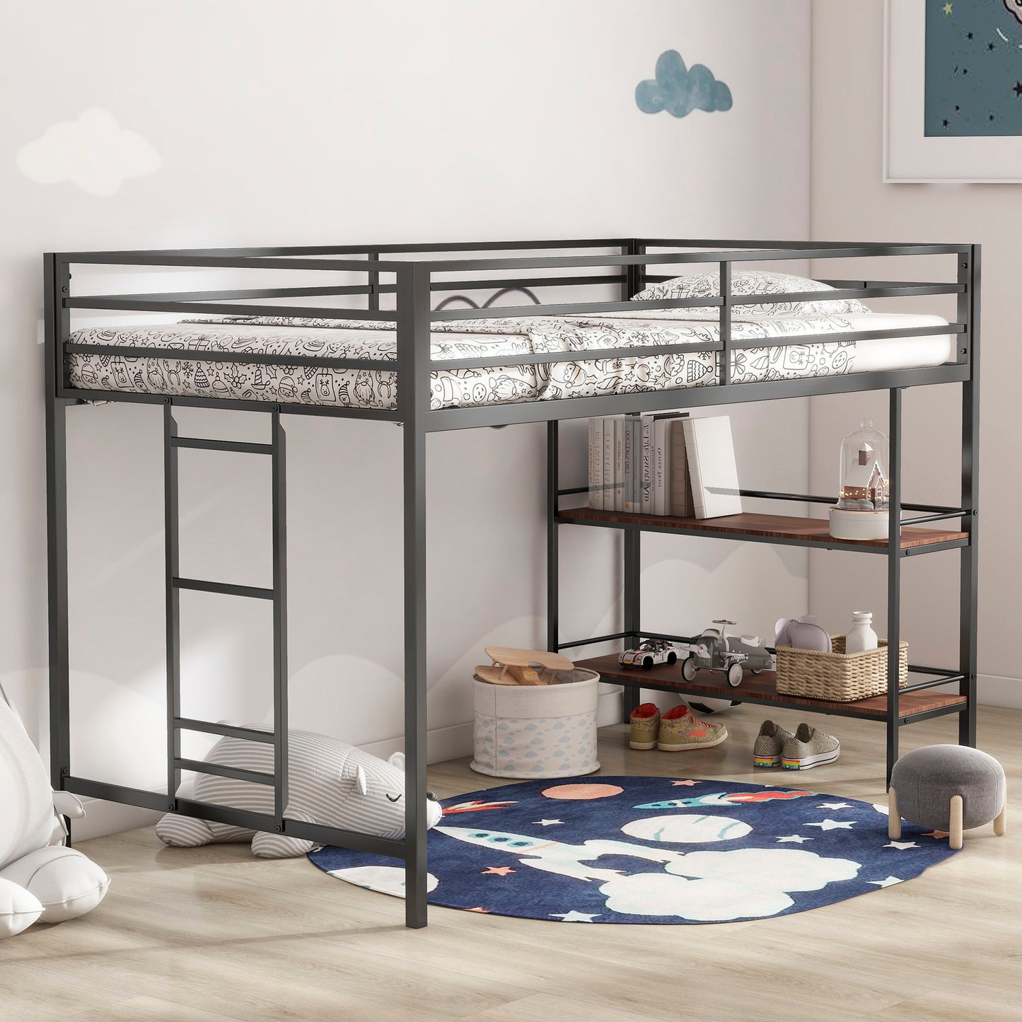 Adam - Twin Loft Bunk Bed With Cinnamon Wood Shelf - Black - The Sleep Loft - Online Mattress Showroom NYC