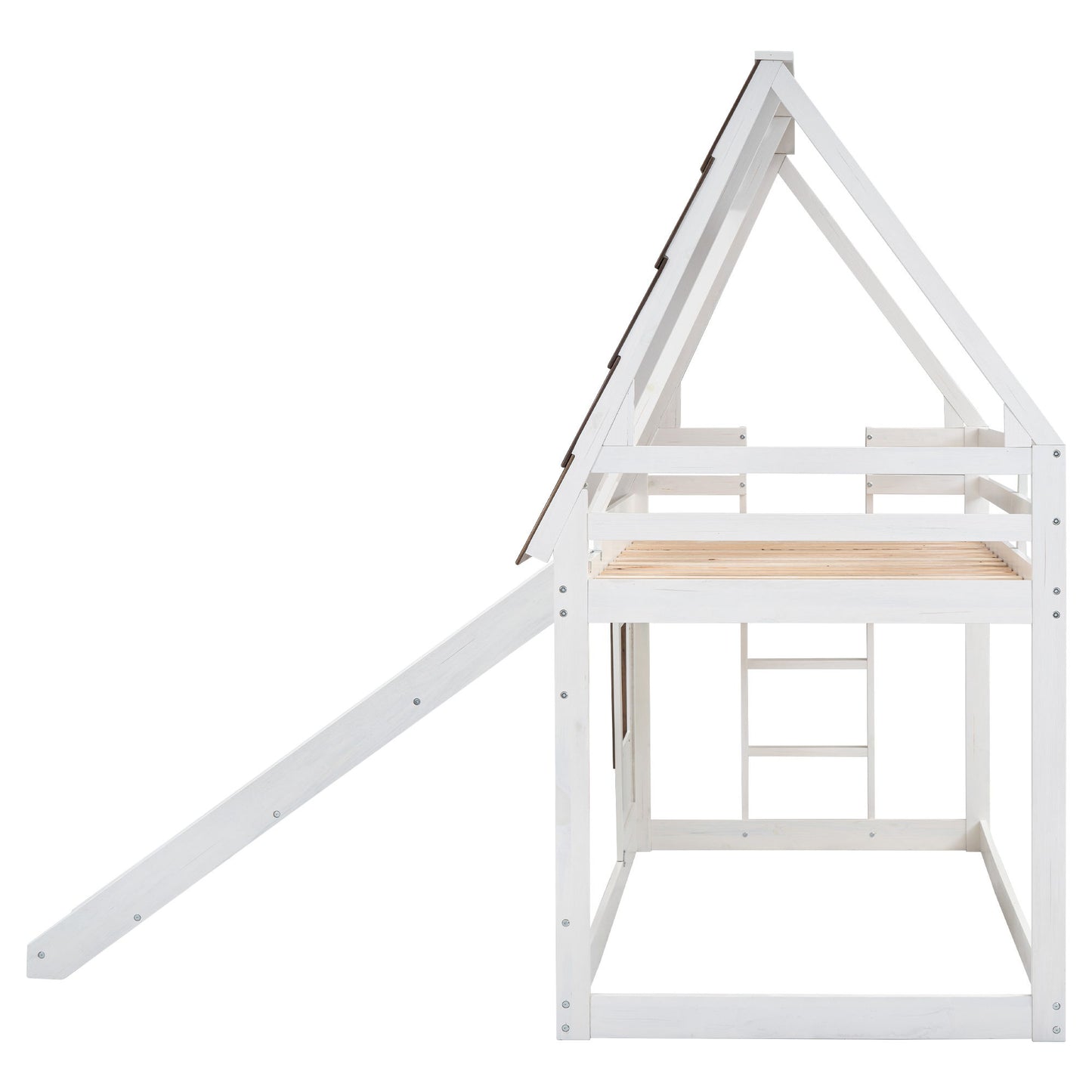 Wood Twin Size House Bunk Bed With Roof, Ladder And Slide - White / Brown - The Sleep Loft - Online Mattress Showroom NYC