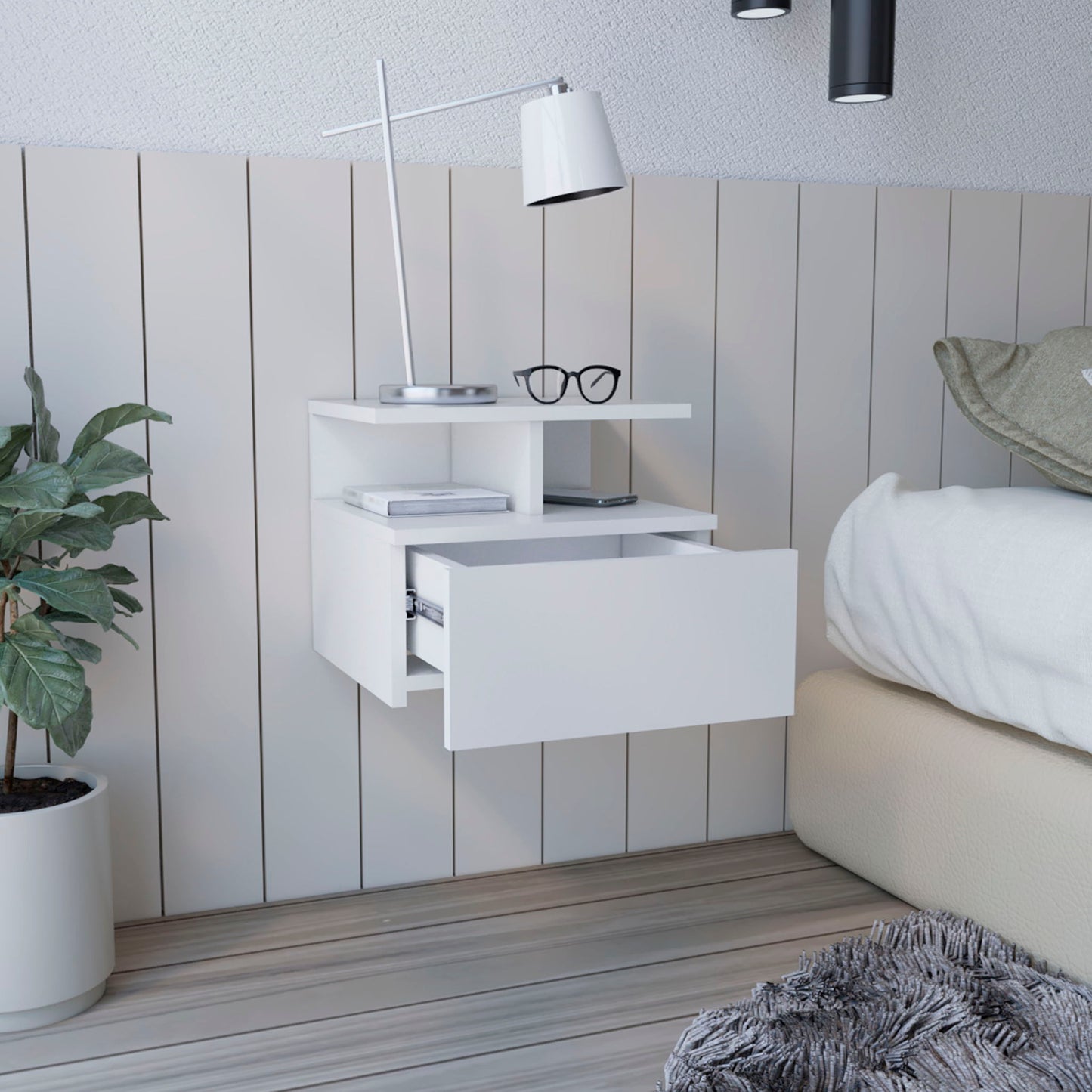Flopini - Floating Nightstand With 1 Drawer, Compact Size - White - The Sleep Loft - Online Mattress Showroom NYC