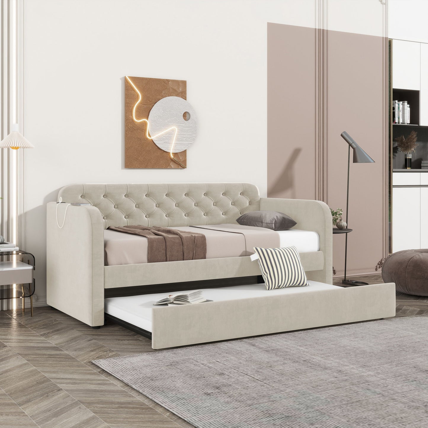 Upholstered Daybed With Trundle And USB Charging Design - The Sleep Loft - Online Mattress Showroom NYC
