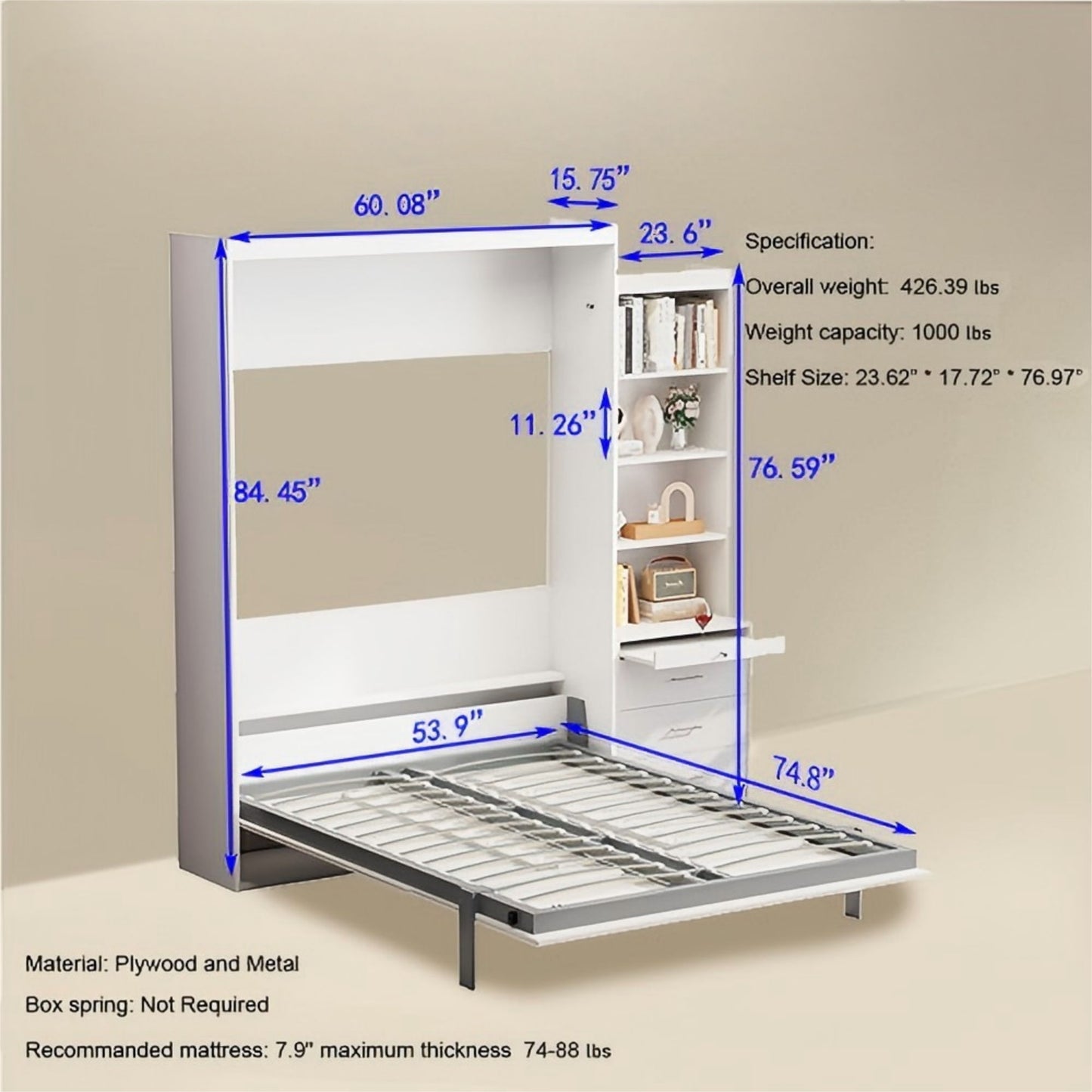 Morden Deisgn Vertical Murphy Bed With Shelf And Drawers For Bedroom Or Guestroom Wall Bed Space Saving Hidden Bed With New Style Gas Struts - The Sleep Loft - Online Mattress Showroom NYC