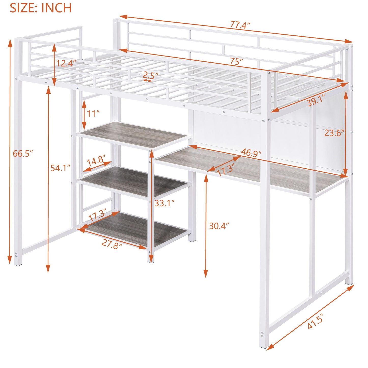 Metal Loft Bed With Desk, 3 Shelves And Ladder - The Sleep Loft - Online Mattress Showroom NYC
