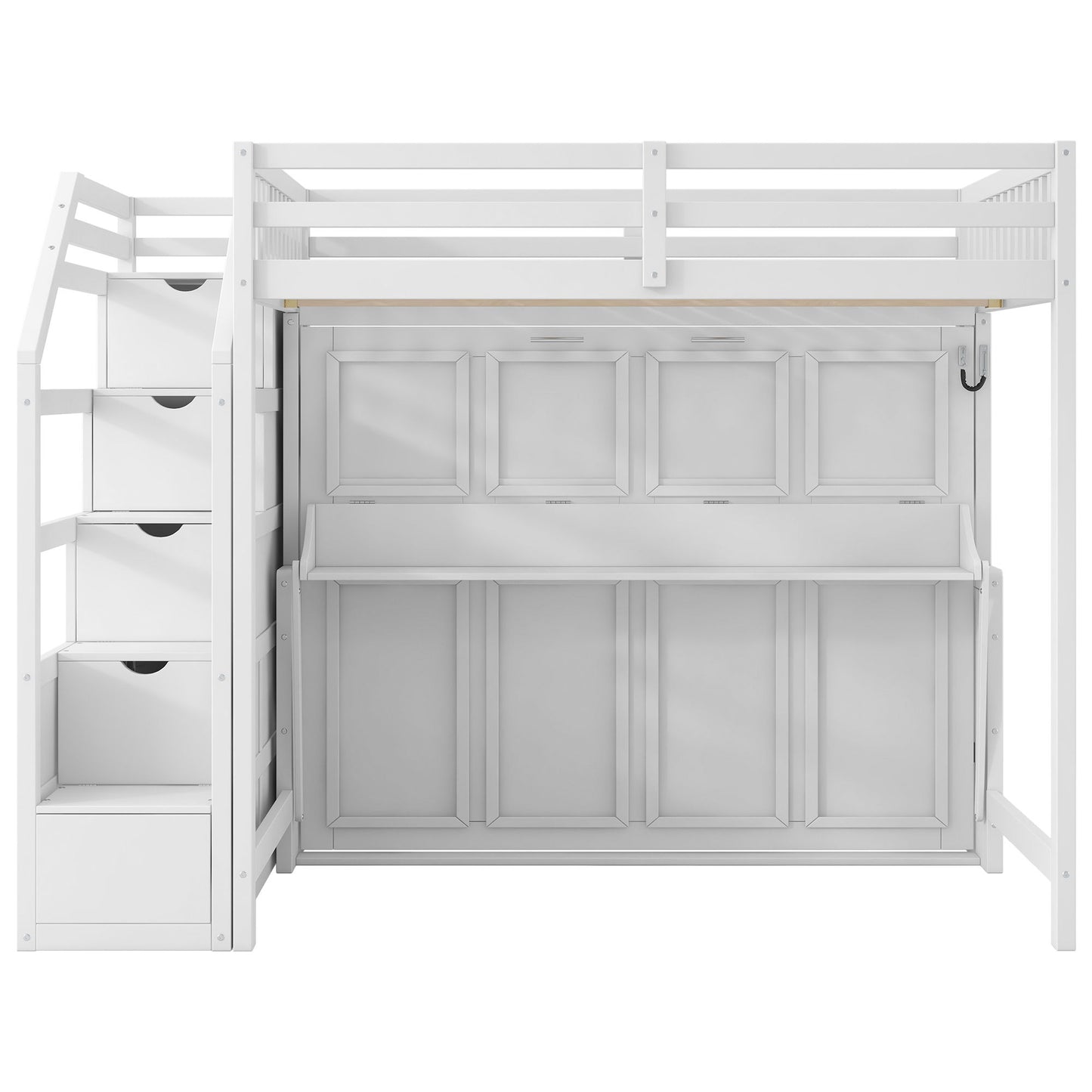 Full Long Loft Bed With Storage Staircase, Murphy Bed, LED Light - White - The Sleep Loft - Online Mattress Showroom NYC
